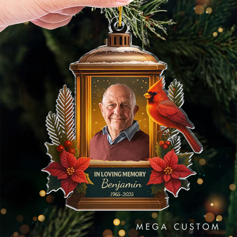 Personalized Memorial Lantern Ornament Custom Photo Name Year In Loving Memory Cardinal Poinsettia Keepsake
