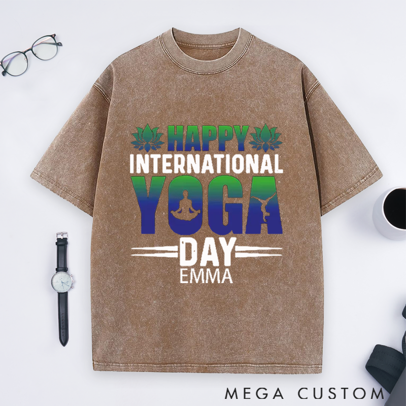 Personalized Yoga Washed T-Shirt with Happy International Yoga Day Design Perfect Gift for Yoga Lover