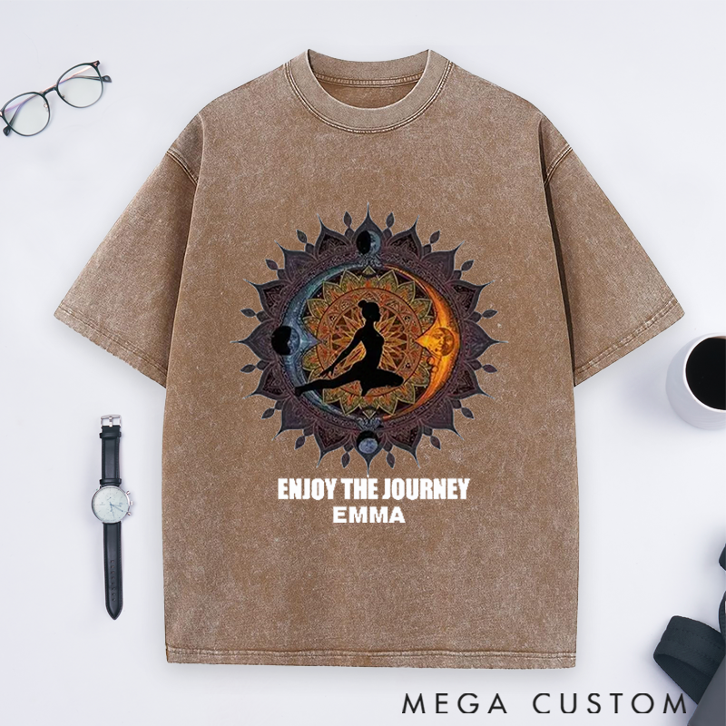 Personalized Enjoy the Journey Quote Yoga Washed T-Shirt with Mandala and Silhouette Design Perfect Gift for Yoga Lover