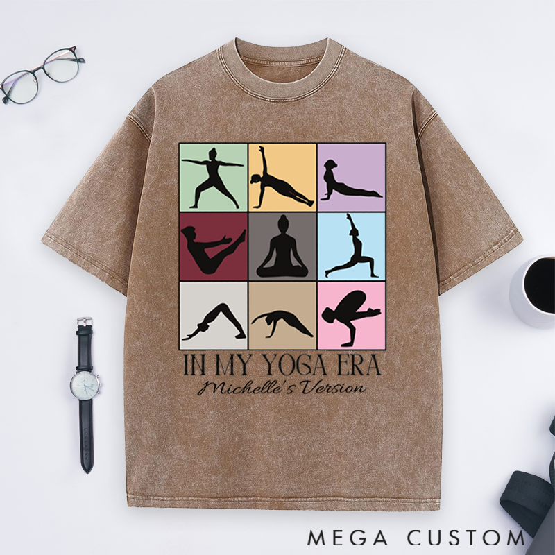 Personalized In My Yoga Era Theme Yoga Washed T-Shirt with Multicolor Yoga Pose Grid Design Perfect Gift for Yoga Lover