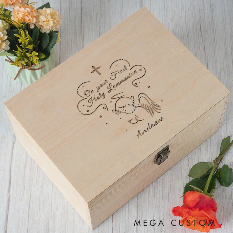 Personalized Little Angel Wooden Keepsake Box with Name Religious Gift First Holy Communion Gift for Kids
