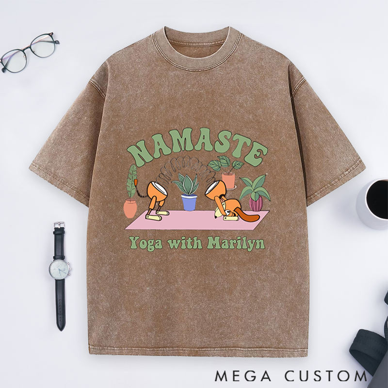Personalized Yoga Washed T-Shirt with Namaste Theme and Cute Plant Design Perfect Gift for Yoga Lover