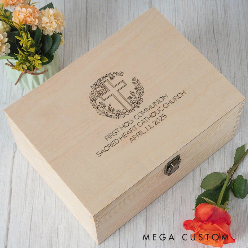 Personalized Wreath Cross Wooden Keepsake Box with Location and Date Religious Gift First Holy Communion Gift for Girls