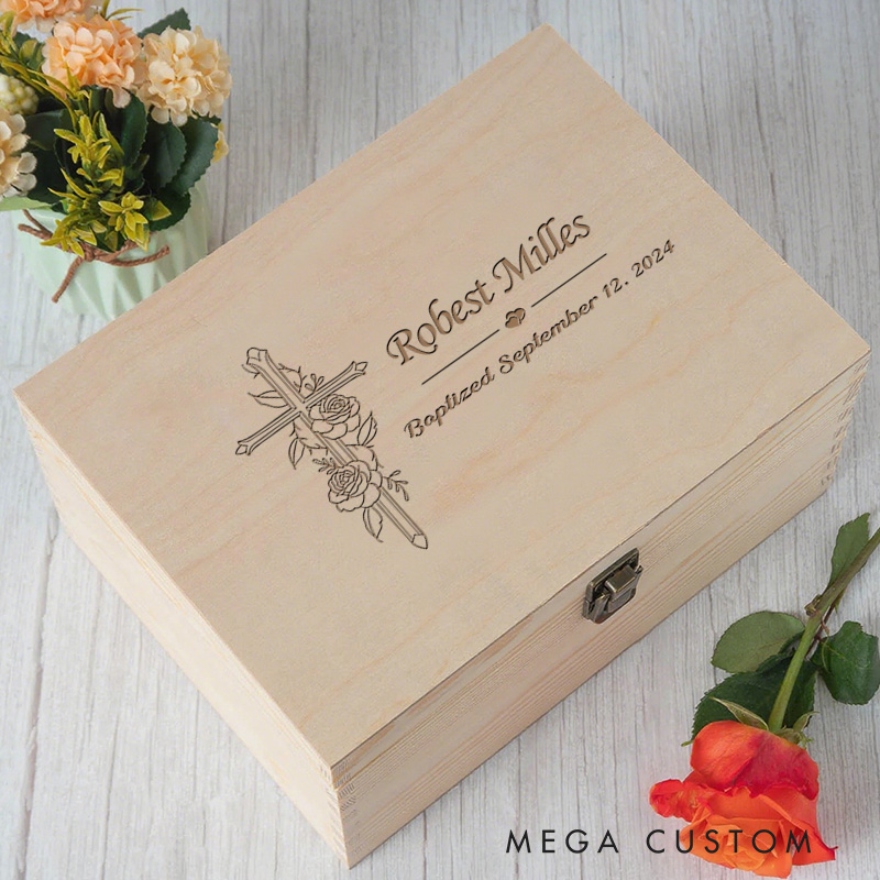 Personalized Cross with Rose Wooden Keepsake Box with Name and Text Religious Gift Baptism Gift for Girls