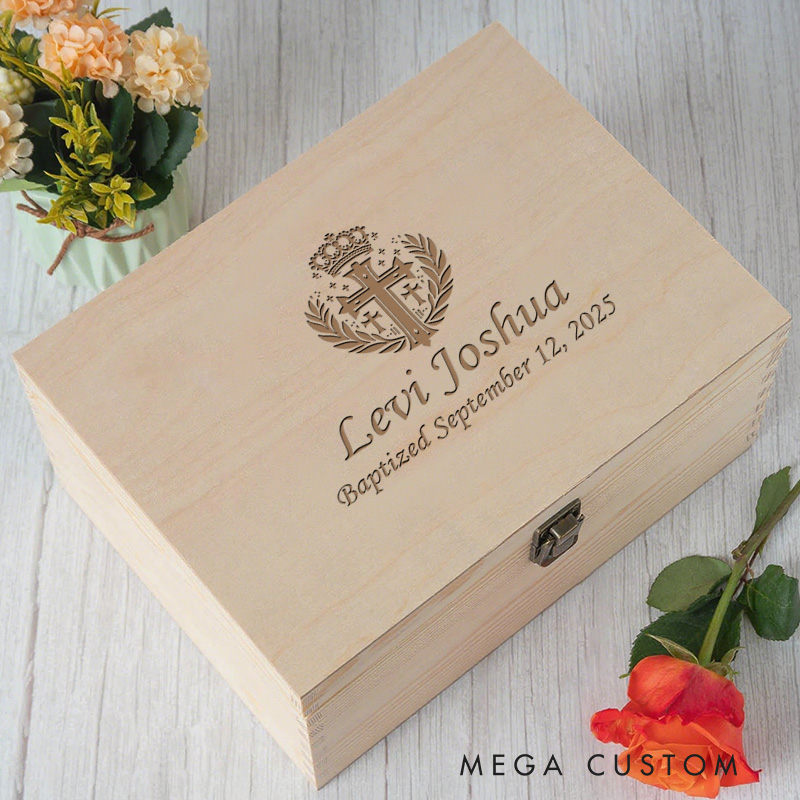 Personalized Crowned Cross Wooden Keepsake Box with Name and Text Religious Gift Baptism Gift for Boys