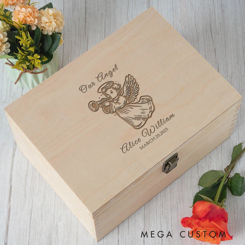 Personalized Our Angel Wooden Keepsake Box with Name and Date Religious Gift Baptism Gift for Boys and Girls
