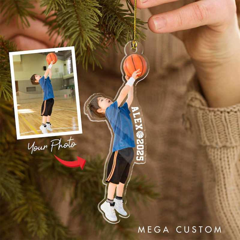 Personalized Basketball Photo Ornament with Custom Name and Year