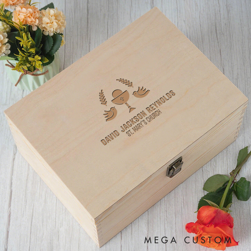 Personalized Chalice Dove Wooden Keepsake Box with Name and Location Religious Gift First Holy Communion Gift for Kids