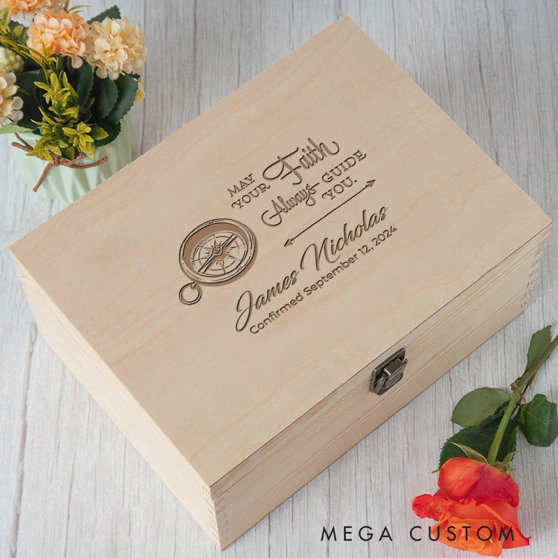 Personalized Compass Wooden Keepsake Box with Name and Text Religious Gift Confirmation Gift for Boys
