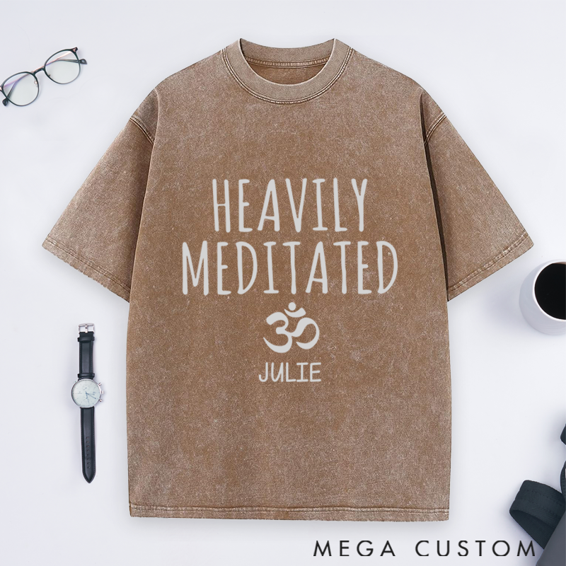Personalized Yoga Washed T-Shirt with Heavily Meditated Design and Om Symbol Perfect Gift for Yoga Lover