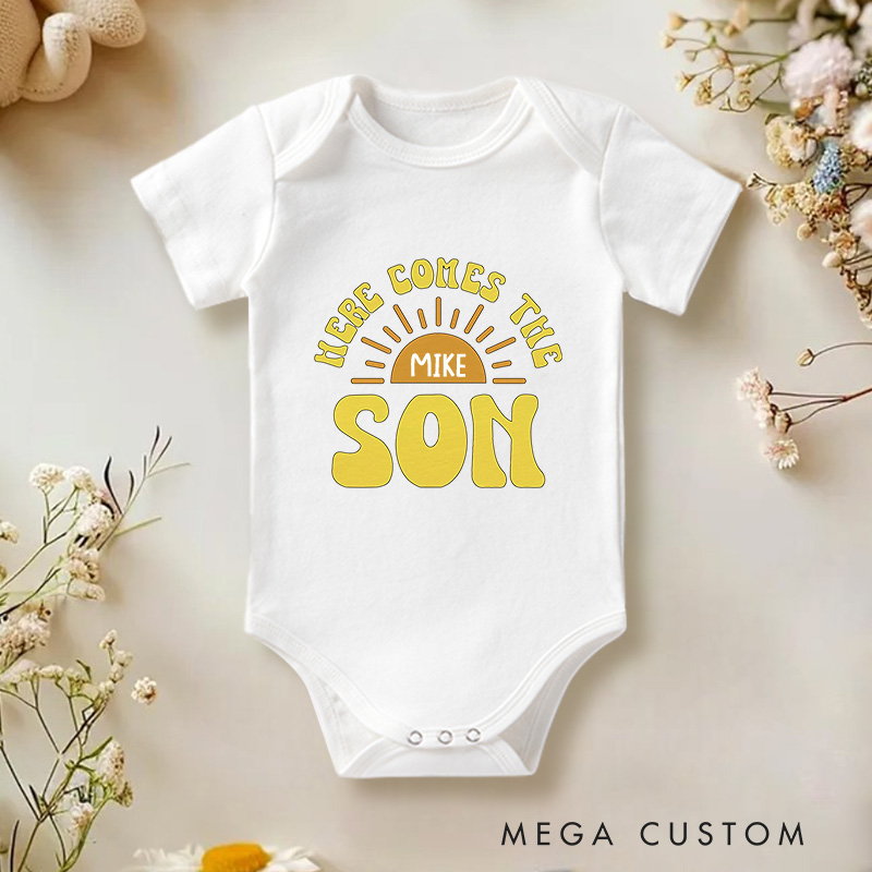 Personalized Here Comes The Son Baby Onesie Cute Sunshine Baby Onesie New Baby Gift