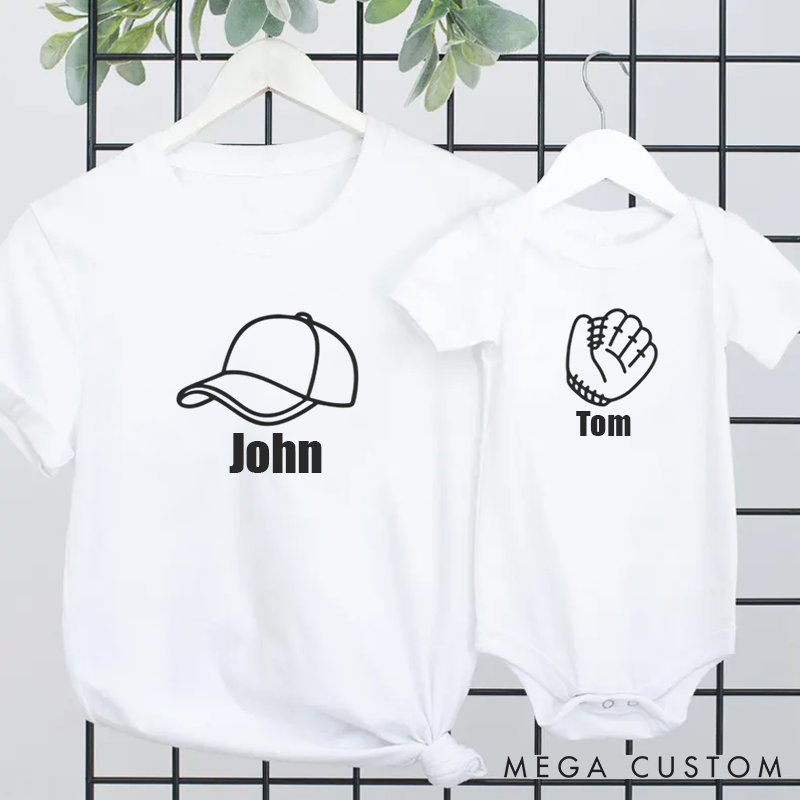 Personalized Baseball Cap and Glove Shirts for Dad and Baby Matching Outfit