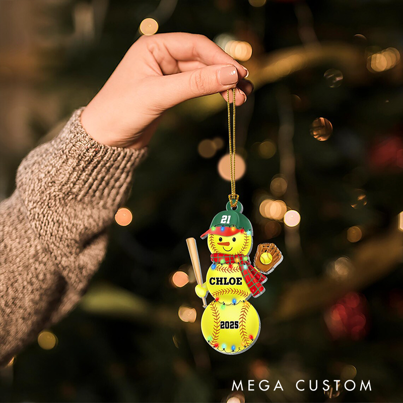 Personalized Softball Snowman Acrylic Ornament with Custom Name and Year