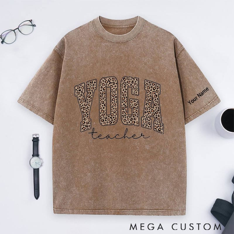 Personalized Yoga Teacher Washed T-Shirt with Leopard Print YOGA Design Perfect Gift for Yoga Lover