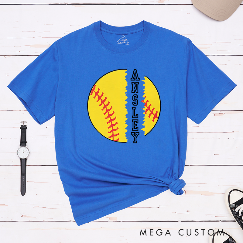 Personalized Softball T-Shirt Design Featuring Torn Softball Graphic and Customizable Vertical Name Text for a Bold and Unique Look