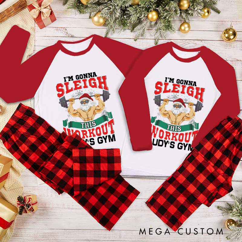 Personalized Couple Xmas Pajamas with Santa Lifting Christmas Matching Pjs for Fitness Enthusiasts Bodybuilders and Gym Lovers Husband Wife Boyfriend Girlfriend
