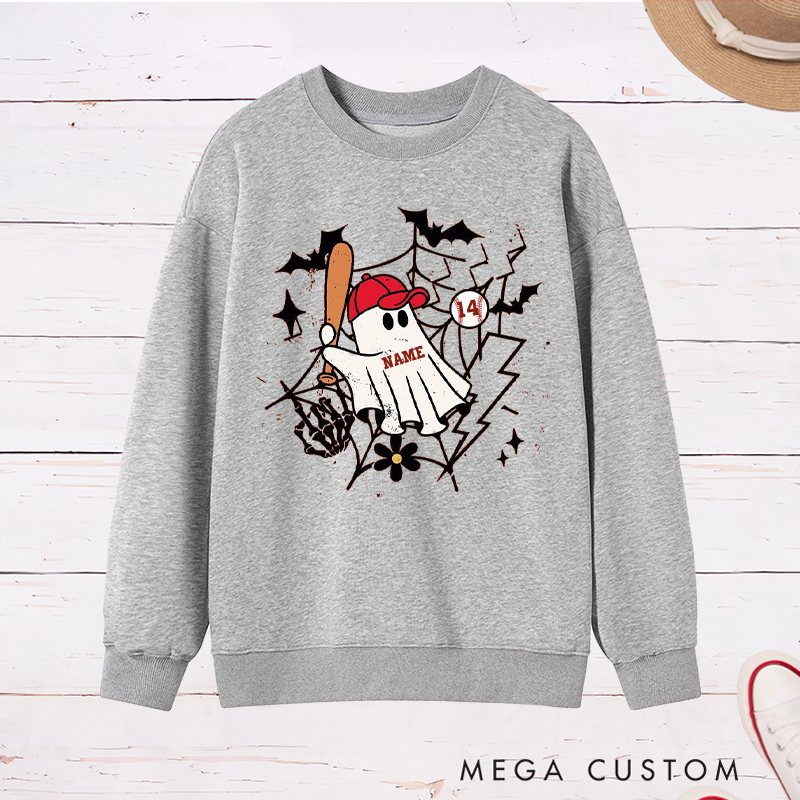 Personalized Halloween Ghost Baseball Sweatshirt with Custom Name and Number 