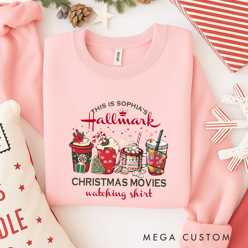 Personalized Coffee Christmas Movie Watching Shirt Classic Sweatshirt Christmas Film Crewneck Movie Holiday Shirt