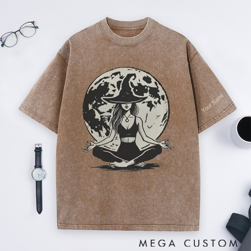 Personalized Witchy Yoga Washed T-Shirt with Mystic Moon and Meditating Witch Design Perfect Gift for Yoga Lover and Halloween