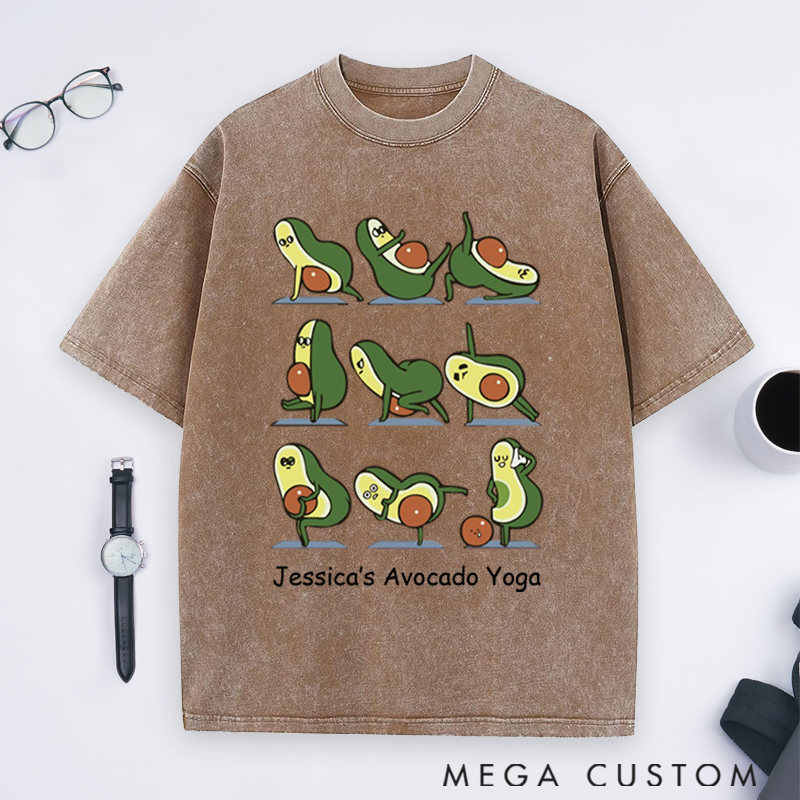Personalized Avocado Yoga Washed T-Shirt with Cute Avocado Poses Design Perfect Gift for Yoga Lover