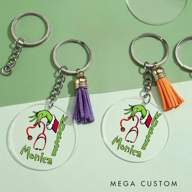 Personalized Acrylic Tassel Keychain for Nurse Customized Festive Hand Holding Stethoscope Design Keychain Nurse Week Gift