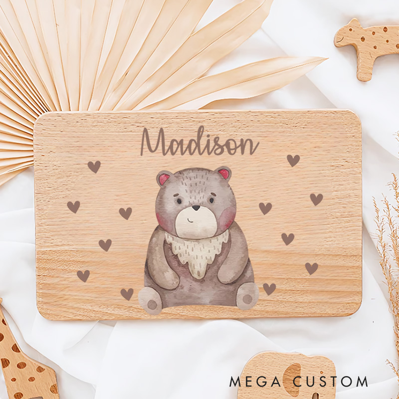 Personalized Watercolor Bear With Hearts Breakfast Board Holiday Gifts