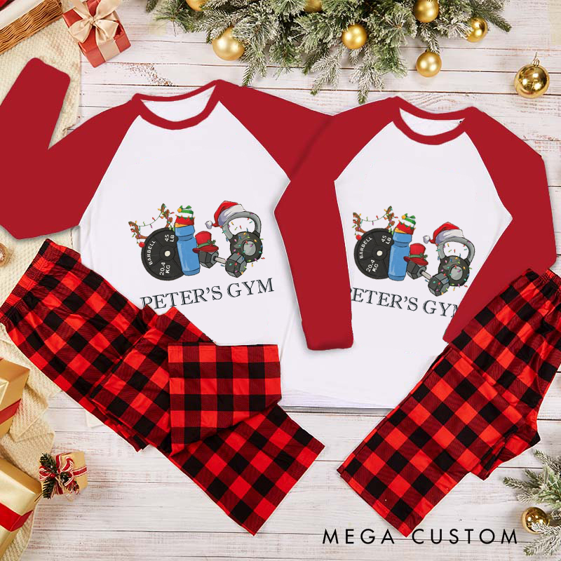 Personalized Couple Xmas Pajamas with Barbell and Dumbbell Christmas Matching Pjs for Fitness Enthusiasts Bodybuilders and Gym Lovers Husband Wife Boyfriend Girlfriend