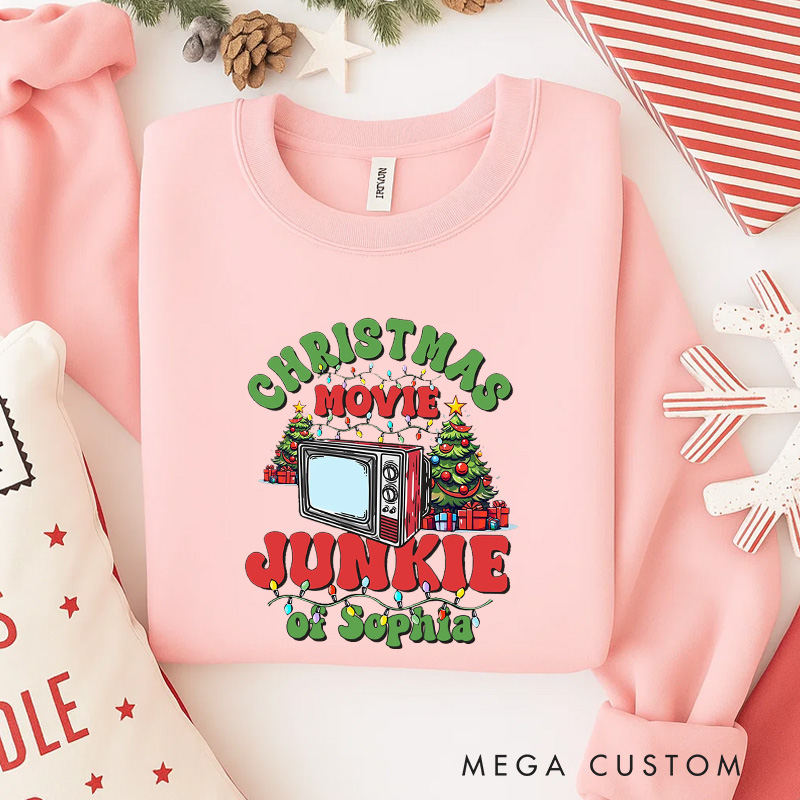 Personalized Christmas Movie Junkie Watching Classic Sweatshirt Christmas Film Crewneck Movie Holiday Shirt