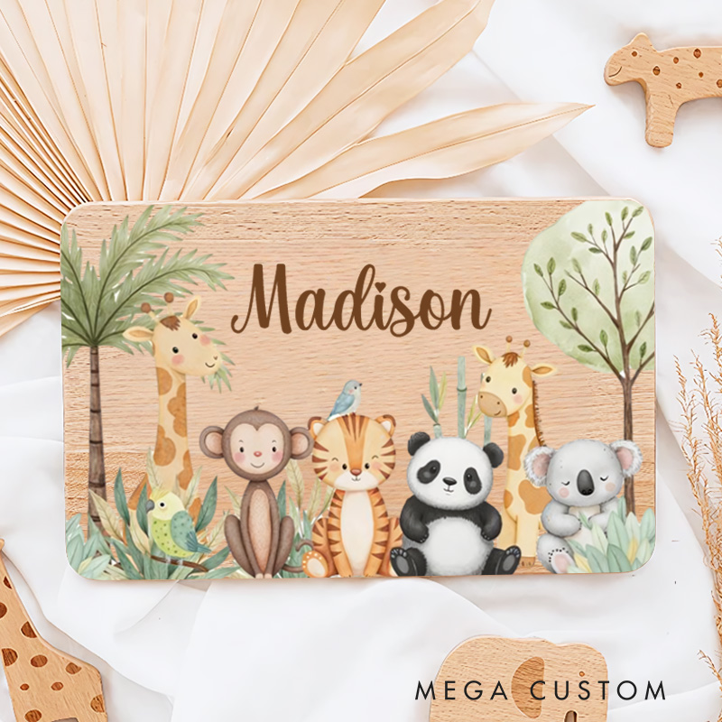 Personalized Jungle Animals with Tropical Trees Breakfast Board