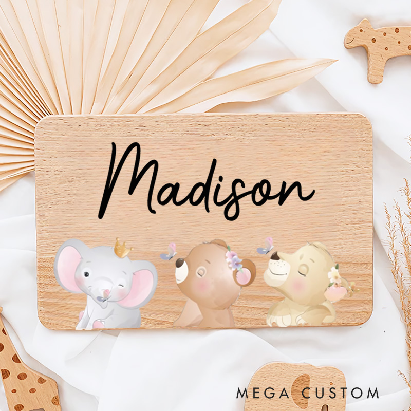 Personalized Elephant and Giraffe with Crown and Flowers Breakfast Board