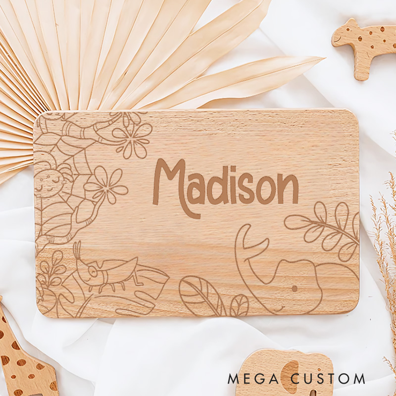 Personalized Elephant and Toucan with Tropical Leaves Breakfast Board