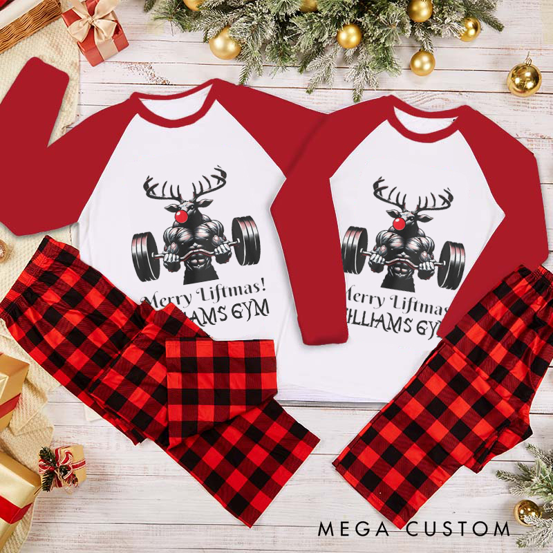 Personalized Couple Xmas Pajamas with Strong Reindeer Christmas Matching Pjs for Fitness Enthusiasts Bodybuilders and Gym Lovers Husband Wife Boyfriend Girlfriend