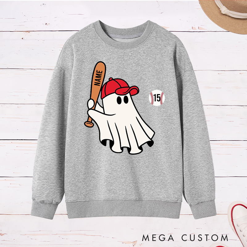Personalized Halloween Sweatshirt with Ghost Holding Bat Custom Text  