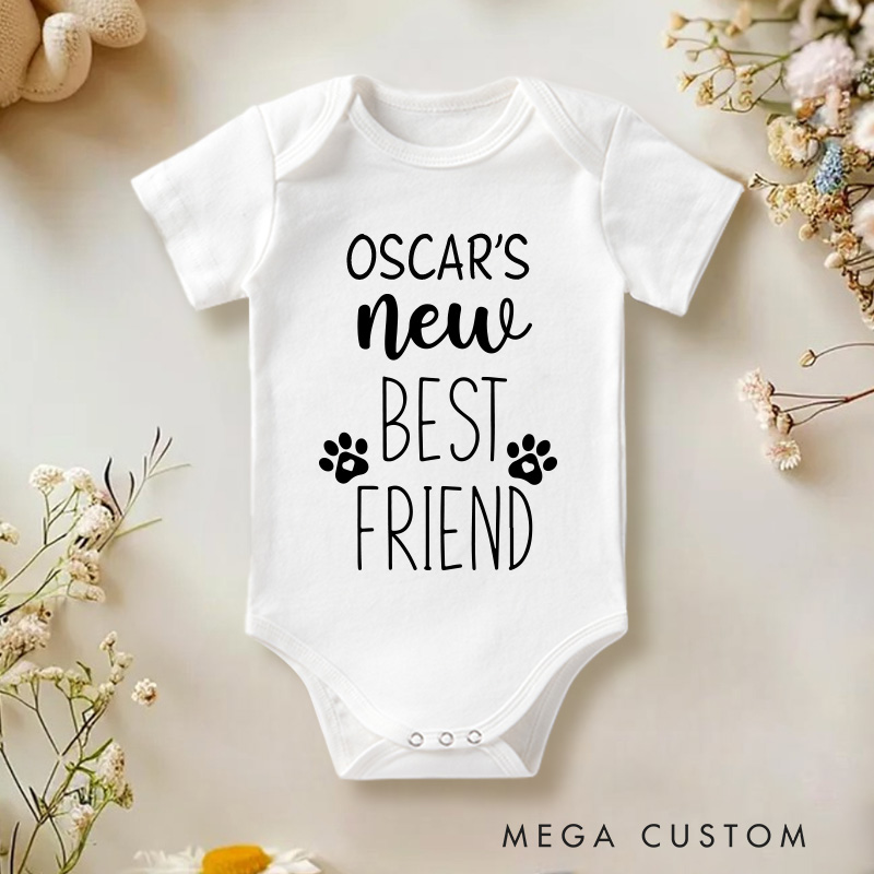 Personalized New Best Friend Baby Onesie with Dog Name New Baby Girl Boy Gift