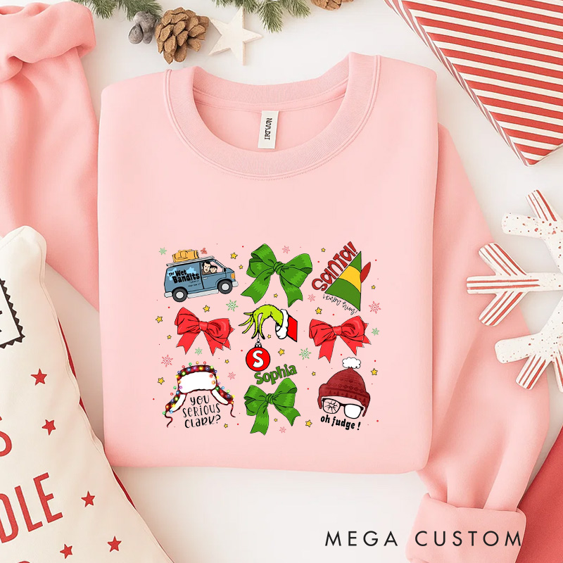 Personalized Green Monster Bows Christmas Classic Sweatshirt Christmas Film Crewneck Movie Holiday Shirt