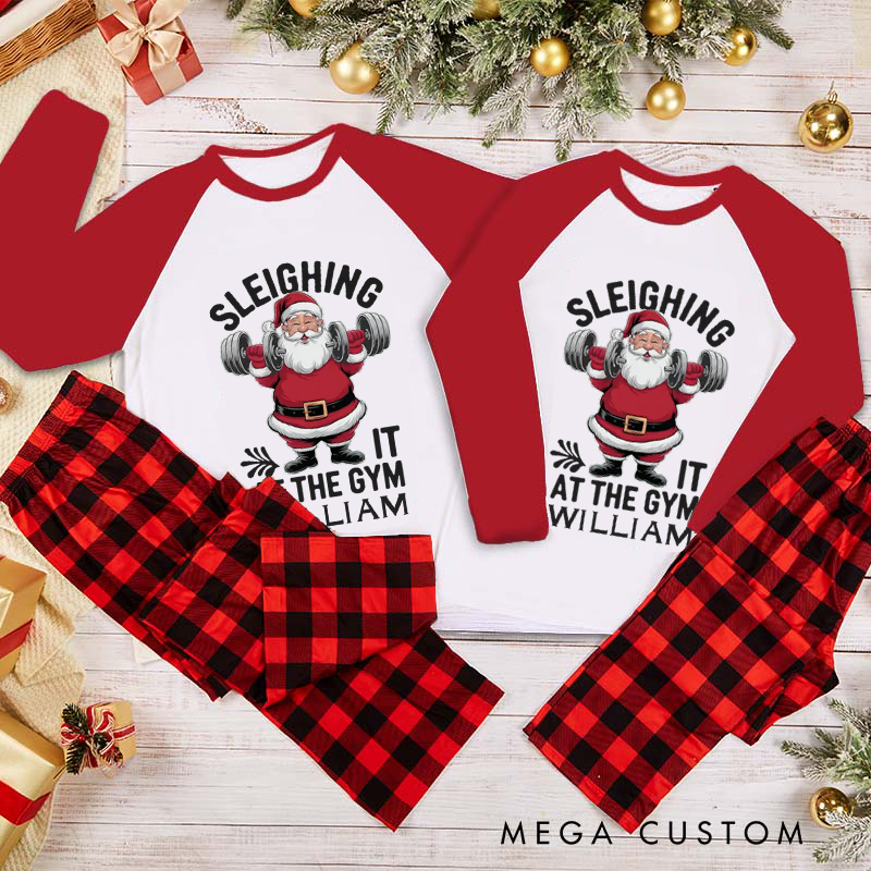 Personalized Couple Xmas Pajamas with Santa Weightlifting Design Christmas Matching Pjs for Fitness Enthusiasts Bodybuilders and Gym Lovers Husband Wife Boyfriend Girlfriend