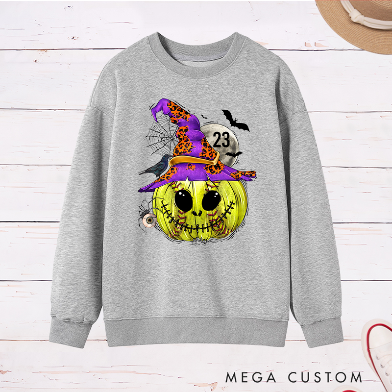 Personalized Enchanted Softball Pumpkin Witch Sweatshirt with Custom Number