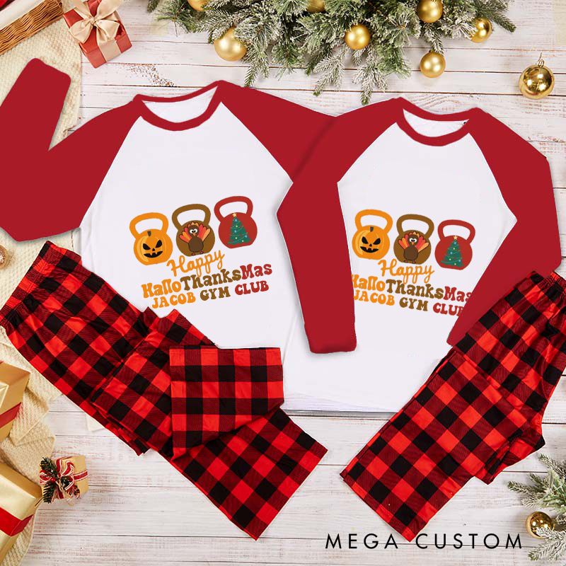 Personalized Couple Xmas Pajamas with Happy HalloThanksMas Christmas Matching Pjs for Fitness Enthusiasts Bodybuilders and Gym Lovers Husband Wife Boyfriend Girlfriend