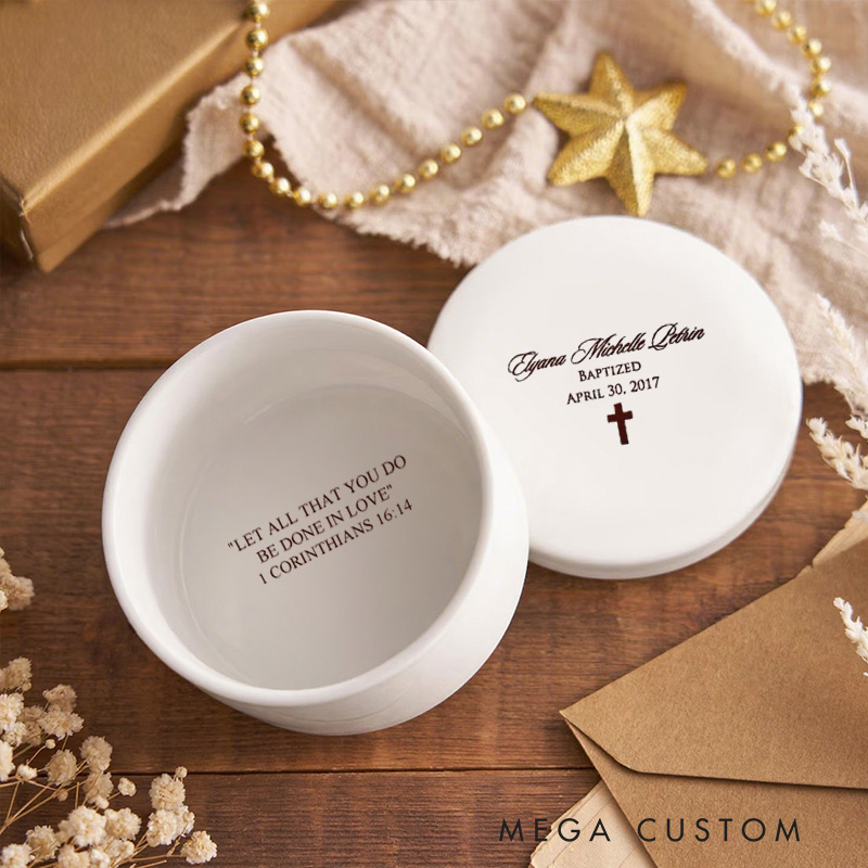 Personalized Cross Ceramic Jewelry Box Keepsake Box with Name and Text Religious Gift Baptism Gift for Girls