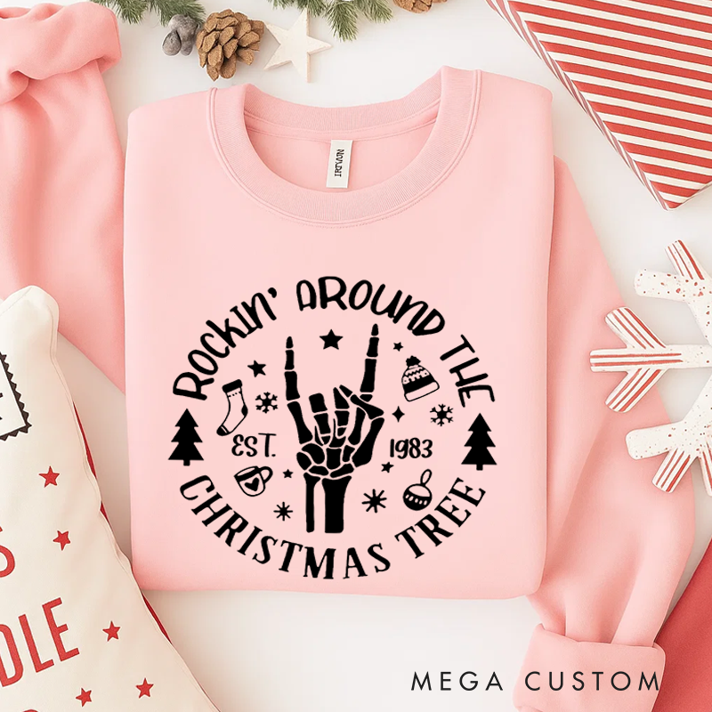 Personalized Classic Sweatshirts Christmas Rockin' Around Sweatshirt Christmas Tree Sweatshirt Christmas Gift for Heavy Metal Music Lover