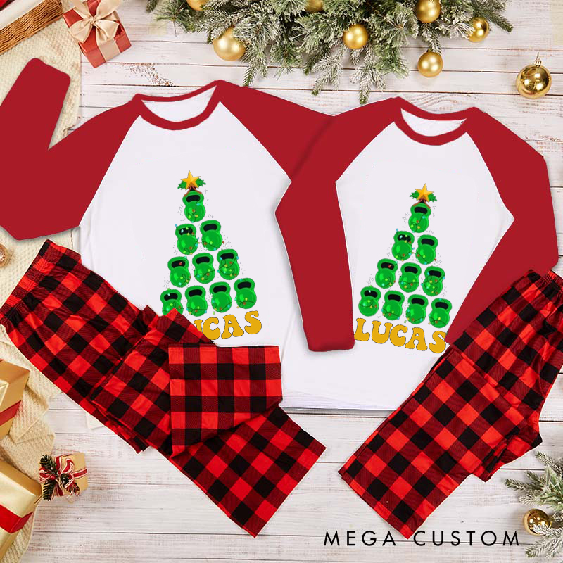 Personalized Couple Xmas Pajamas with Kettlebell Christmas Tree Christmas Matching Pjs for Fitness Enthusiasts Bodybuilders and Gym Lovers Husband Wife Boyfriend Girlfriend