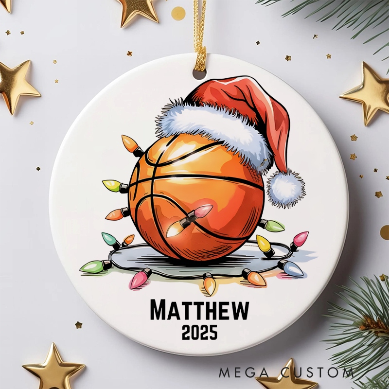 Personalized Basketball Christmas Ornament with Santa Hat and Custom Name and Year