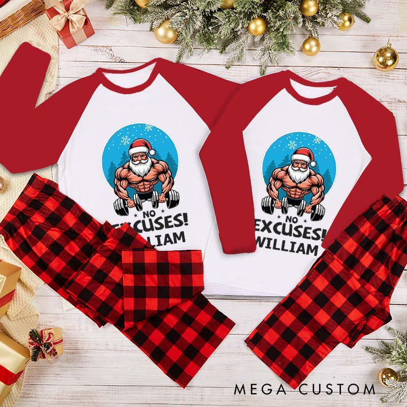 Personalized Couple Xmas Pajamas with No Excuses Santa Weightlifting Christmas Matching Pjs for Fitness Enthusiasts Bodybuilders and Gym Lovers Husband Wife Boyfriend Girlfriend