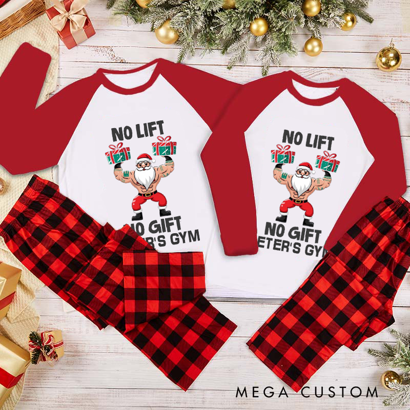 Personalized Couple Xmas Pajamas with Santa Lifting Presents Design Christmas Matching Pjs for Fitness Enthusiasts Bodybuilders and Gym Lovers Husband Wife Boyfriend Girlfriend