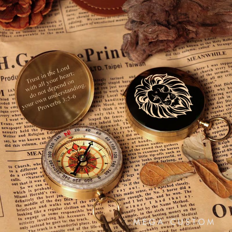 Personalized Lion Bible Verse Luminous Compass with Text Religious Gift First Communion Gift