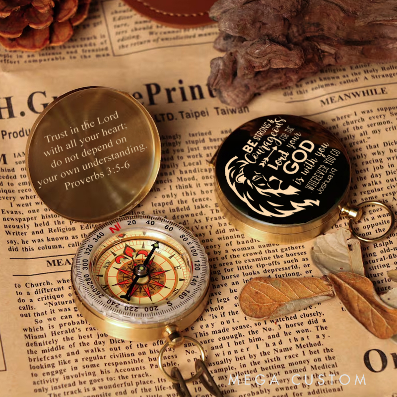 Personalized Lion Joshua 1:9 Luminous Compass with Text Religious Gift First Communion Gift