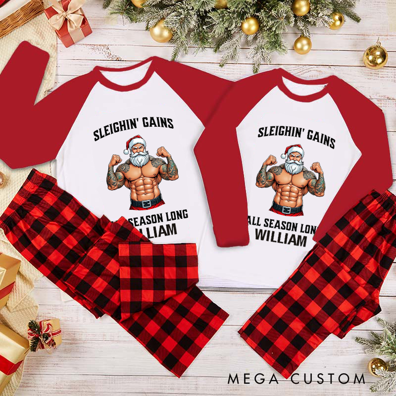 Personalized Couple Xmas Pajamas with Muscular Santa Design Matching Pjs for Fitness Enthusiasts Bodybuilders and Gym Lovers Husband Wife Boyfriend Girlfriend