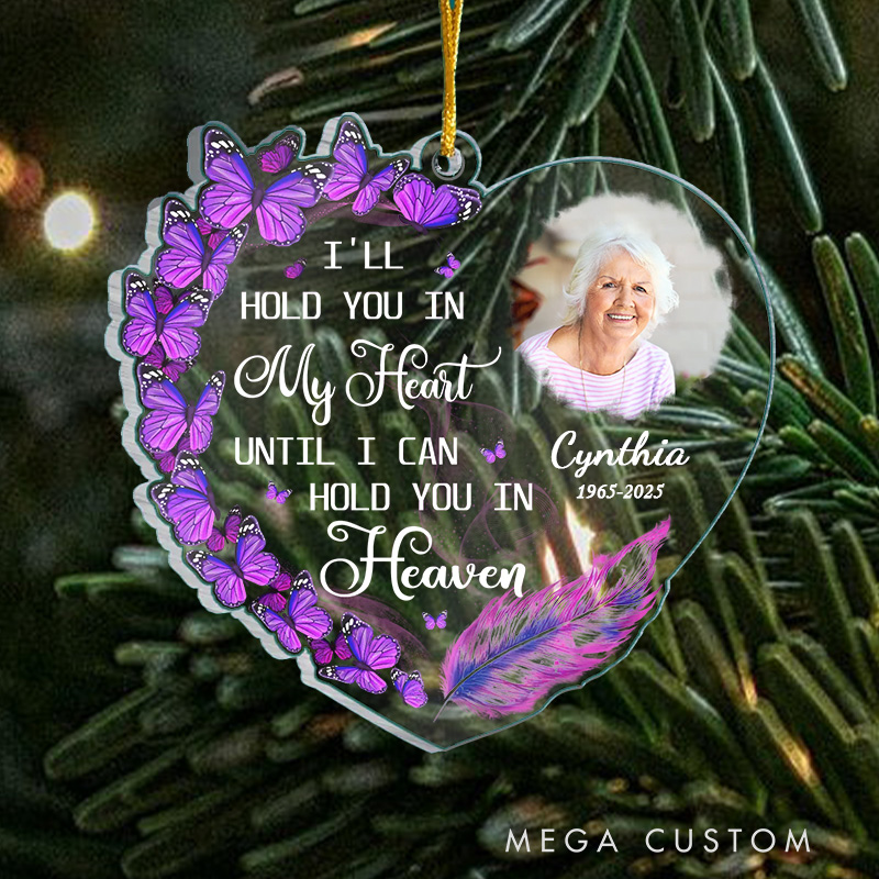 Personalized Heart Shaped Memorial Ornament Custom Photo Name Year Purple Butterflies Feather Keepsake