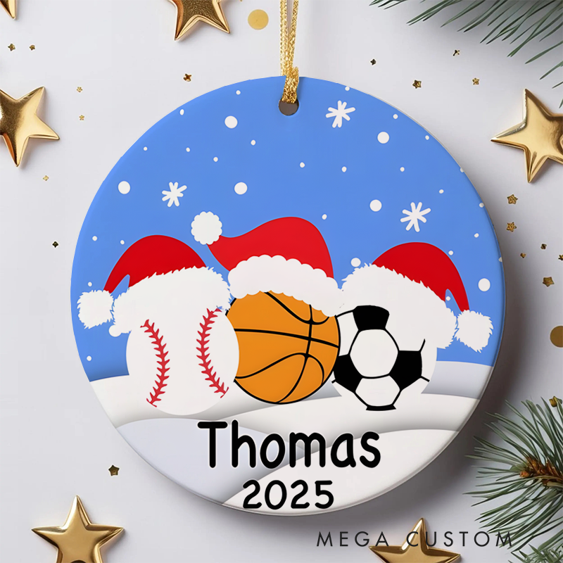 Personalized Sports Christmas Ornament with Baseball, Basketball, and Soccer Ball Design