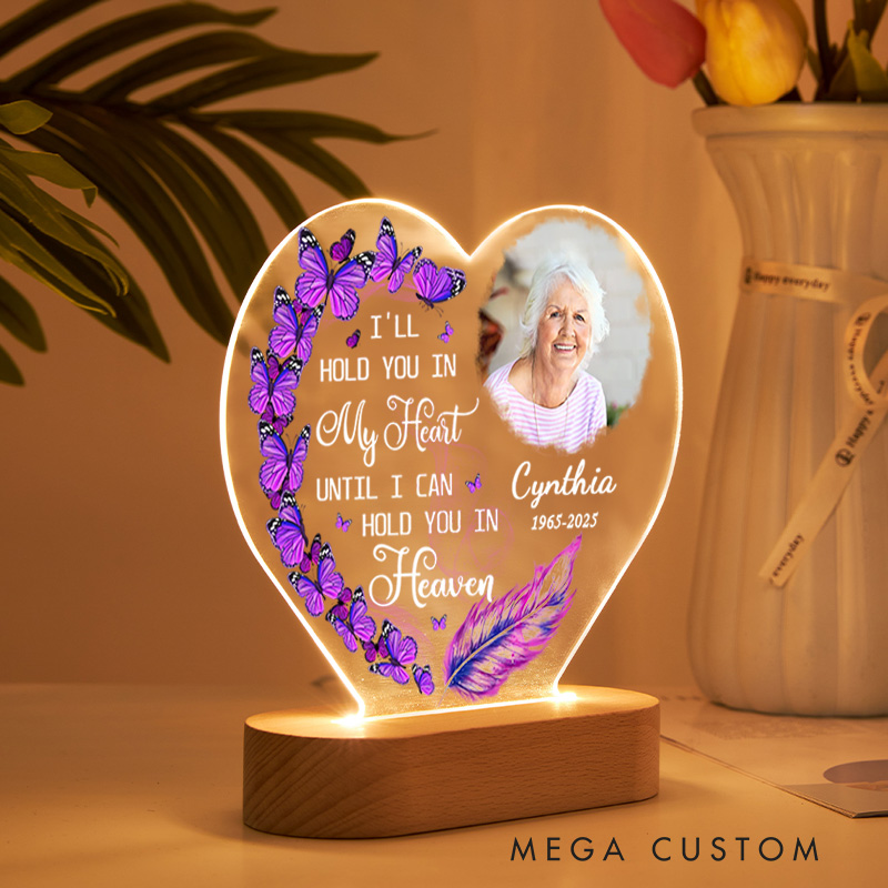 Personalized Memorial Heart Shaped LED Light Custom Photo Name Year Purple Butterflies Feather Memorial Keepsake